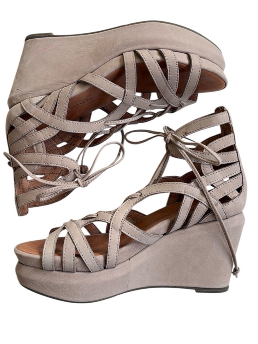 Like New Gentle Souls Leather Joy Wedge Lace Up Sandals Taupe Size 5.5